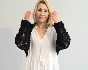 Cropped black cardigan, evening jacket for summer and autumn. Knitted by hand, Knitted outfit with a shrug. Female shrug. Black shrag