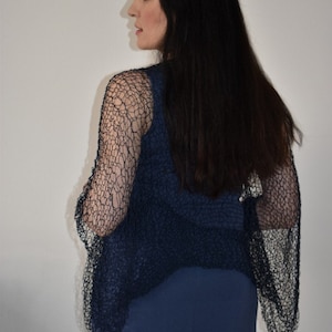 Shrug of the dressy open weave. Shrug blue large.  Wedding dress cover, sheer bolero shrug, minimalist clothing, cotton knit bolero,