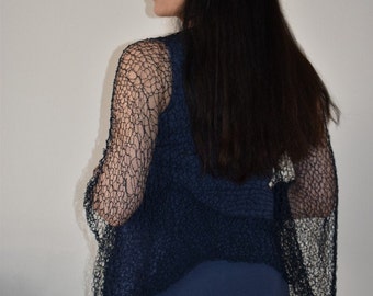 Shrug of the dressy open weave. Shrug blue large.  Wedding dress cover, sheer bolero shrug, minimalist clothing, cotton knit bolero,