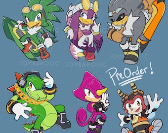 May include: A digital illustration featuring six cartoon characters in dynamic poses. The characters are in various colors, including green, purple, and orange, with distinct features and accessories. The text "Pre Order!" is visible.
