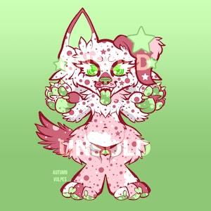 Puede incluir: Ilustración digital de una criatura caricaturesca con forma de lobo, con manchas rosas y blancas, ojos verdes y una lengua verde. La criatura tiene un accesorio en forma de estrella y está sobre un fondo verde. El texto "UNSOLD" está superpuesto a la imagen, junto con el texto "AUTUMN VULPES".