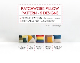 Pillow Patchwork Sewing Pattern Bundle – 5 Unique Designs + Multiple Sizes, Easy Sew Cushion Tutorial, Beginner Sewer Friendly Printable PDF