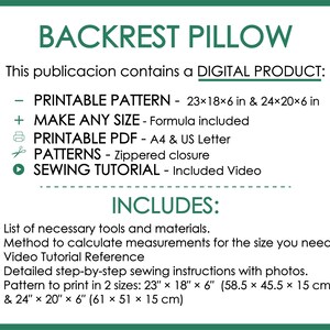 May include: Digital product image for a backrest pillow pattern. Includes printable patterns in two sizes: 23x18x6 inches and 24x20x6 inches. Features a sewing tutorial, formula for any size, and detailed instructions with photos. Includes a list of tools and materials.