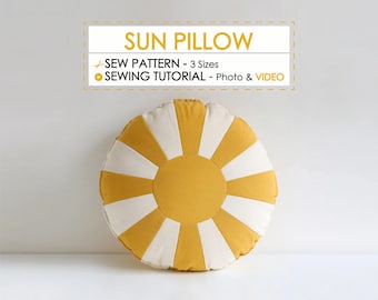 Patchwork Sun Shaped Throw Pillow Sewing Pattern in 3 Sizes + Video Tutorial, DIY Baby Shower Present or Gift Idea, Nursery & Kid Room Decor