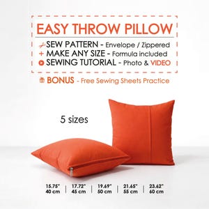 May include: Two orange throw pillows are shown, one with a zipper, against a white backdrop. Text reads "EASY THROW PILLOW" and details about the sewing pattern, with sizes from 40 cm to 60 cm.