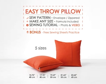 Easy Envelope and Zipper Throw Pillow Cover Sewing Pattern + Step by Step PDF and Video Tutorial – Beginner Friendly, DIY Cushion, 5 Sizes