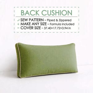 Könnte beinhalten: Ein rechteckiges, grünes Rückenkissen mit cremefarbenem Rand. Das Kissen misst 95 x 45 x 10 cm. Der Text auf dem Bild lautet "BACK CUSHION" und enthält Details zum Schnittmuster.
