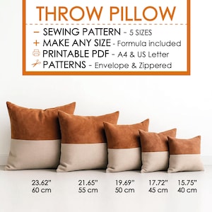 May include: Five two-tone throw pillows in varying sizes, ranging from 15.75 inches to 23.62 inches. The pillows are brown on top and beige on the bottom. Text at the top reads "THROW PILLOW - SEWING PATTERN - 5 SIZES".