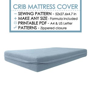 Peut inclure: Un protège-matelas de lit bébé bleu clair. Le patron de couture est pour un matelas de 132x70x12 cm. Le patron comprend des instructions pour faire n'importe quelle taille, un PDF imprimable et des motifs à fermeture éclair.