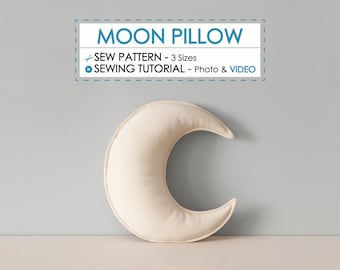 Easy Crescent Moon Shaped Pillow Sew Pattern in 3 Sizes, Video Tutorial, Make your Own Welcome Gift & Nursery Decor, DIY Baby Shower Present