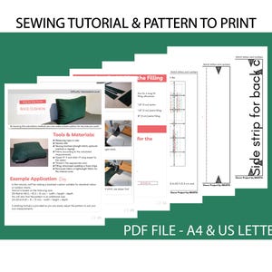 May include: A green graphic with the text "SEWING TUTORIAL & PATTERN TO PRINT" and "PDF FILE - A4 & US LETTER". The image shows instructions for making a back cushion, including tools, materials, and example applications.