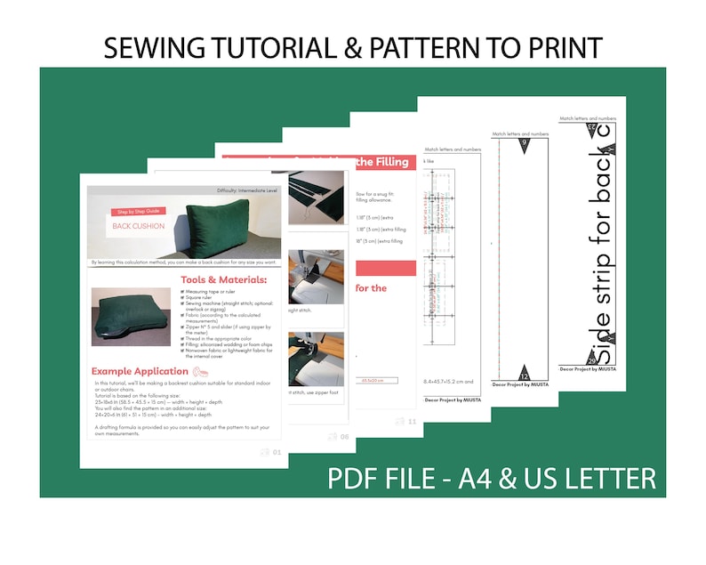 May include: A green graphic with the text "SEWING TUTORIAL & PATTERN TO PRINT" and "PDF FILE - A4 & US LETTER". The image shows instructions for making a back cushion, including tools, materials, and example applications.