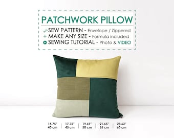 Patchwork Throw Pillow Cover Step by Step Sewing Tutorial & Pattern – Beginner Friendly, Easy DIY Cushion, 5 Sizes (PDF Download and Video)