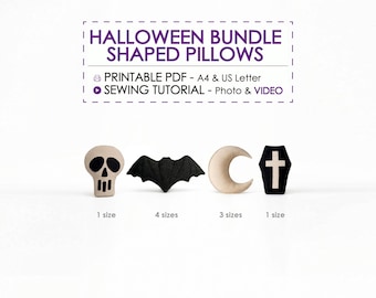 Halloween Pillow Pattern Bundle PDF – Skull, Bat, Coffin & Moon Sewing Tutorial, DIY Cushion Cover, Beginner Sewist, Gothic and Spooky Decor