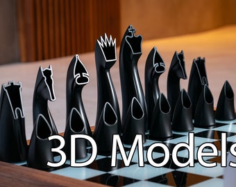 May include: A set of black chess pieces with a unique, modern design. The pieces are made of a smooth, black material and have a hollow, open design. The pieces are arranged on a black and white checkered board. The text "3D Models" is printed on the board.