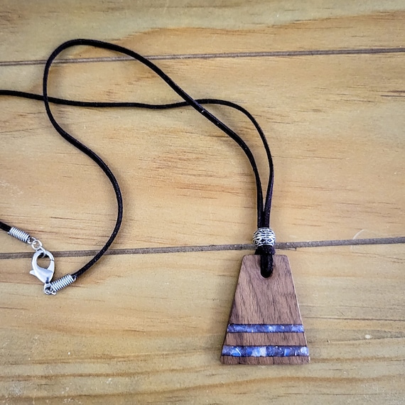 Opalite and Oak "Parallels" Sigil Pendant with Faux Suede Cord - Hand Carved Wooden Pendant with Stone Inlay