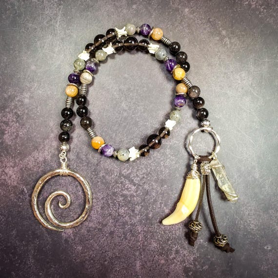 Angrboda Prayer Beads: Black Moonstone, Obsidian & Snake Vertebrae
