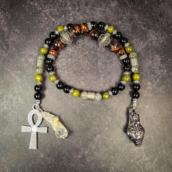 Anubis Prayer Beads: Obsidian, Labradorite & Tiger's Eye Altar Tool