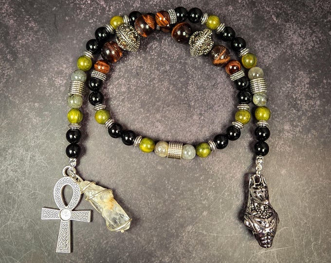 Anubis Prayer Beads: Obsidian, Labradorite & Tiger's Eye Altar Tool