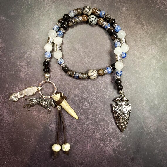 Skadi Devotional Beads: Norse Goddess Rosary with Obsidian, Sodalite, and Spiderweb Jasper