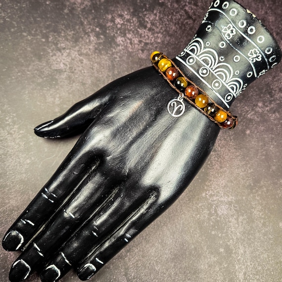 Aries Zodiac Bracelet: Tiger’s Eye & Smoky Quartz Leather Wrap for Strength, Courage, and Grounding