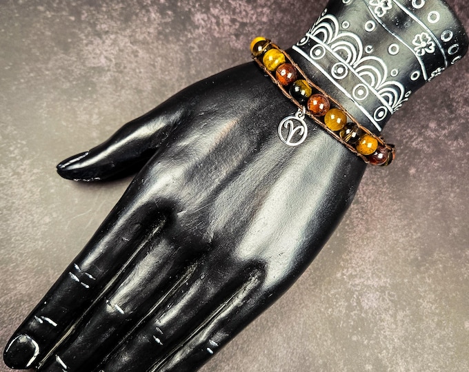 Aries Zodiac Bracelet: Tiger’s Eye & Smoky Quartz Leather Wrap for Strength, Courage, and Grounding