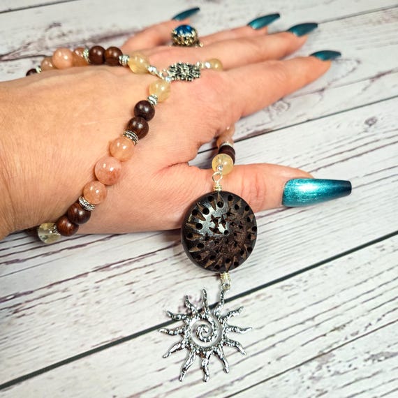 Sunstone, Sandalwood & Golden Quartz Wrist Rosary