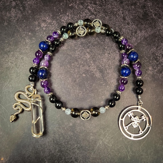 Bael Prayer Beads: Amethyst, Obsidian, and Lapis Lazuli Rosary
