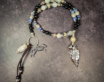 Skadi Devotional Beads: Norse Goddess Rosary with Obsidian, Sodalite, and Spiderweb Jasper