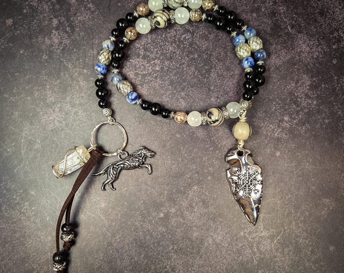 Skadi Devotional Beads: Norse Goddess Rosary with Obsidian, Sodalite, and Spiderweb Jasper
