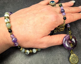 Goddess Hekate Wrist Rosary: Amethyst, Moonstone, & Black Tourmaline Prayer Beads
