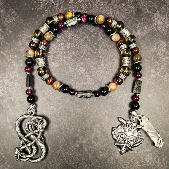 Loki Devotional Pagan Prayer Beads: Red Tiger’s Eye, Garnet, and Black Moonstone