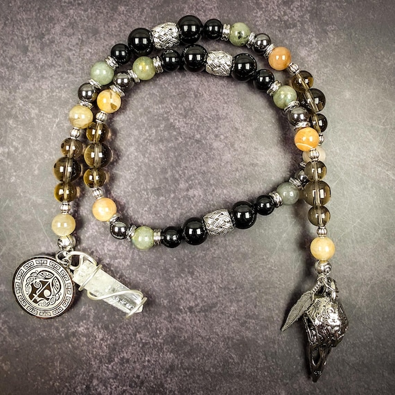 Norse Hel Prayer Beads – Black Moonstone, Labradorite, Obsidian Meditation Tool