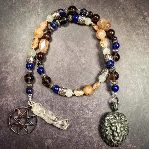Goddess Inanna Prayer Beads: Rutile Quartz, Lapis Lazuli, and Garnet Devotional
