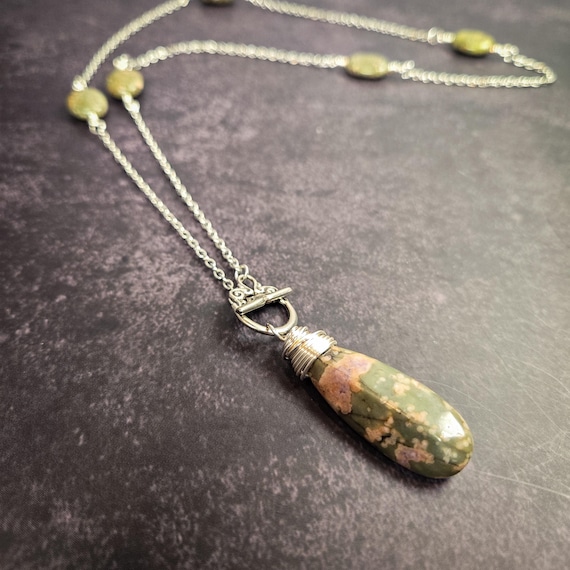 Green Flower Jasper Pendulum Necklace - Wearable Divination Tool - Crystal Healing Jewelry