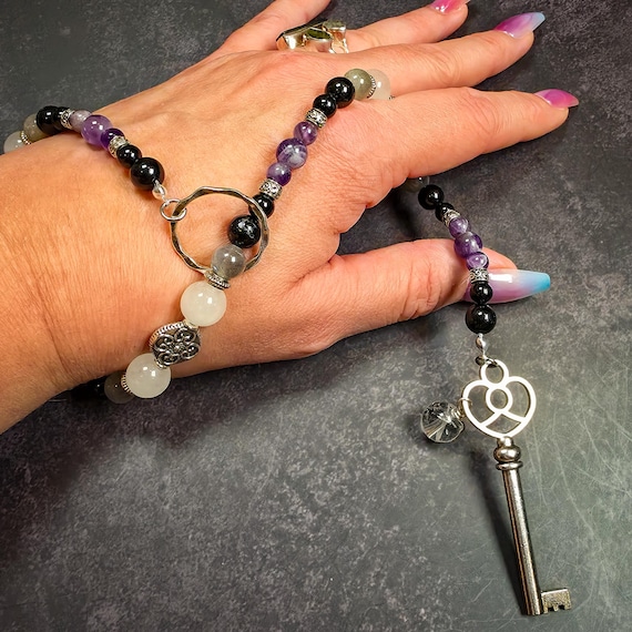 Goddess Hekate Wrist Rosary: Amethyst, Labradorite, Moonstone & Black Tourmaline Prayer Beads