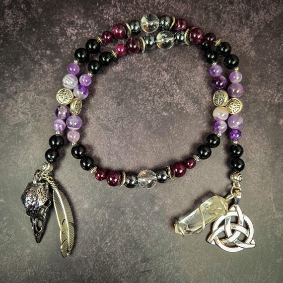 Morrigan Prayer Beads: Obsidian, Garnet, Amethyst Celtic Goddess Rosary