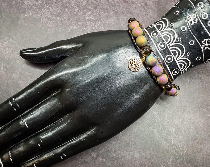 Titanium Druzy Agate & Smoky Quartz Wrap Bracelet – Grounding, Growth, Inner Strength