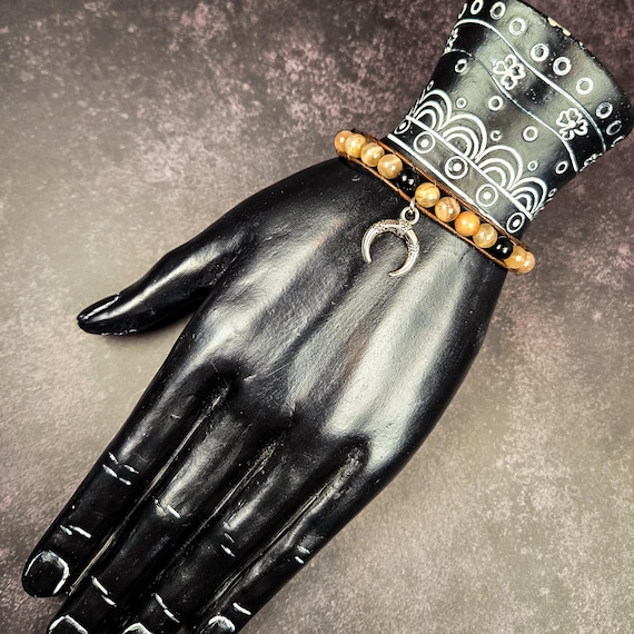Black Moonstone & Obsidian Lunula Bracelet: Leather Wrap for Intuition, Protection, and Lunar Magic