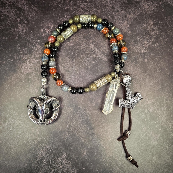 Norse God Thor Prayer Beads: Fire Agate, Black Tourmaline, and Pyrite