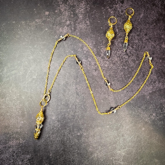 Clear Quartz Pendulum Necklace on Gold-Tone Chain With Matching Earrings