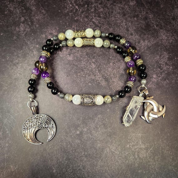 Norse God Mani Devotional Beads: Amethyst, Labradorite, Moonstone, and Obsidian Prayer Beads