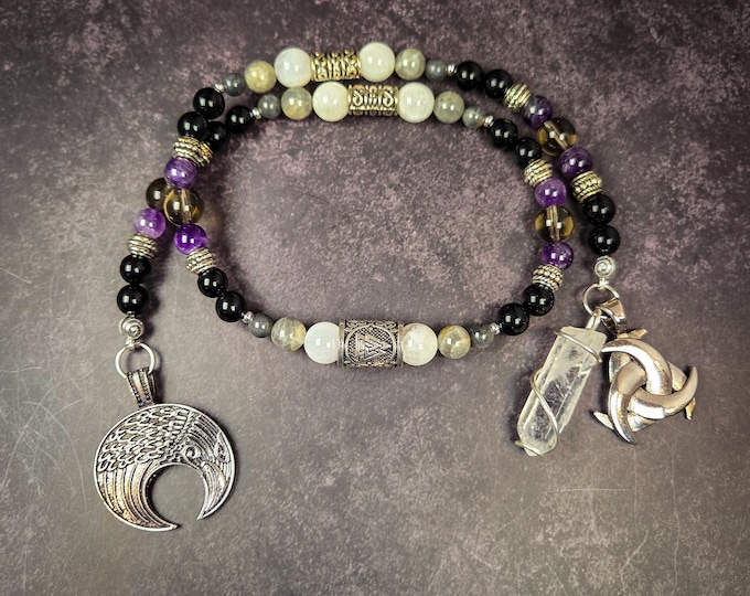 Norse God Mani Devotional Beads: Amethyst, Labradorite, Moonstone, and Obsidian Prayer Beads