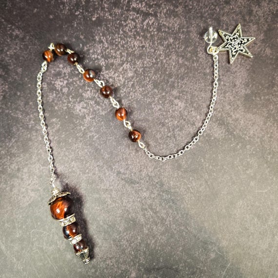 Handmade Red Tiger’s Eye Pendulum • Beaded Point on Silver-Tone Chain • Grounding, Confidence & Divination Tool
