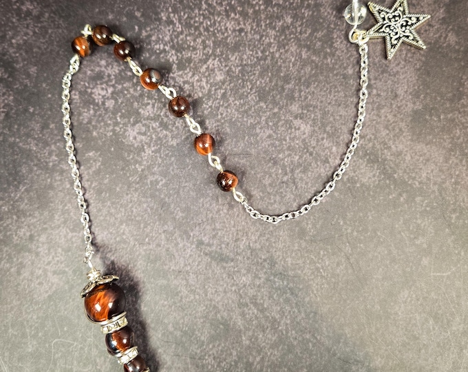 Handmade Red Tiger’s Eye Pendulum • Beaded Point on Silver-Tone Chain • Grounding, Confidence & Divination Tool