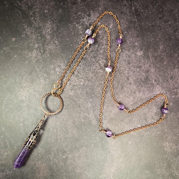 Amethyst and Copper Pendulum Necklace- Wearable Divination Tool - Crystal Healing Jewelry