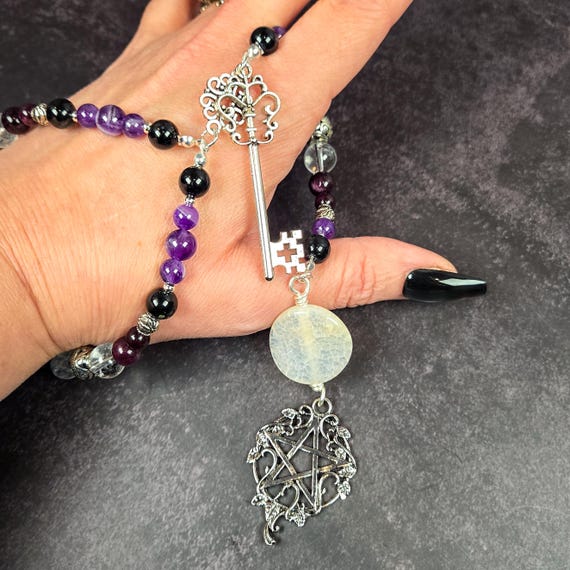 Goddess Hekate Wrist Rosary: Garnet, Amethyst, & Black Tourmaline Prayer Beads