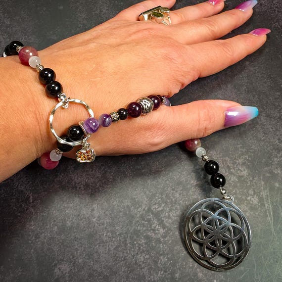 Persephone Wrist Rosary: Garnet, Obsidian, and Amethyst Rosary