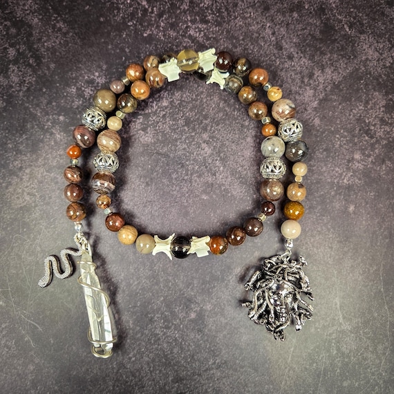 Medusa Prayer Beads: Petrified Wood Rosary with Snake Vertebrae