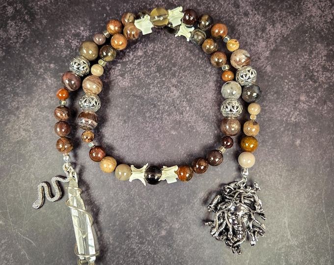 Medusa Prayer Beads: Petrified Wood Rosary with Snake Vertebrae